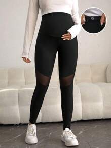 SHEIN 孕婦可調節寬腰帶拼接網紗緊身打底褲 - 黑色 - 查看 1