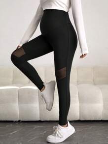 SHEIN 孕婦可調節寬腰帶拼接網紗緊身打底褲 - 黑色 - 查看 3