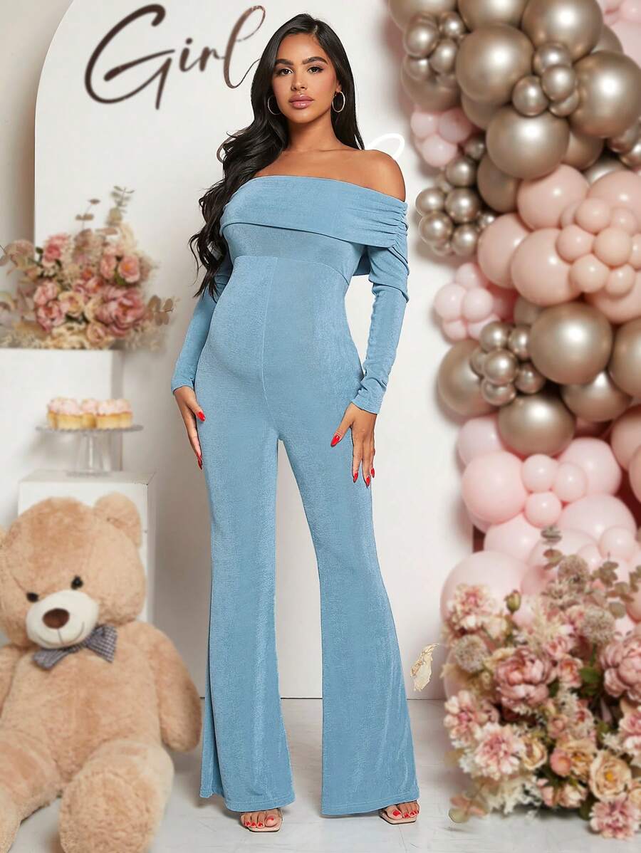 Loomaby Pregnant Women Solid Color Off Shoulder Long Sleeve Flared Jumpsuit For Baby Shower - Baby Blue - View 1