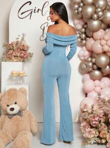 Loomaby Pregnant Women Solid Color Off Shoulder Long Sleeve Flared Jumpsuit For Baby Shower - Baby Blue - View 2