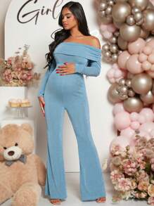 Loomaby Pregnant Women Solid Color Off Shoulder Long Sleeve Flared Jumpsuit For Baby Shower - Baby Blue - View 3