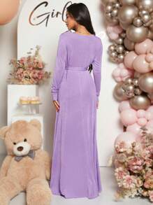 Loomaby Đầm bầu cổ chữ V dài tay màu trơn thanh lịch cho tiệc mừng em bé - Màu Lilac Tím - Xem 2