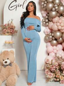 Loomaby Pregnant Women Solid Color Off Shoulder Long Sleeve Flared Jumpsuit For Baby Shower - Baby Blue - View 5