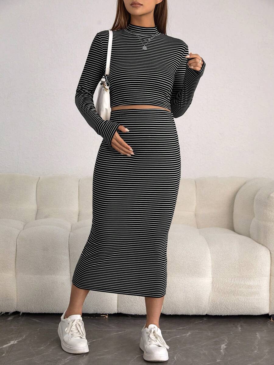 SHEIN Thai sản Sọc Cổ giả Áo thun & Chân Váy xẻ - màu đen - Xem 1