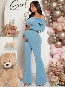 Loomaby Pregnant Women Solid Color Off Shoulder Long Sleeve Flared Jumpsuit For Baby Shower - Baby Blue - View 6