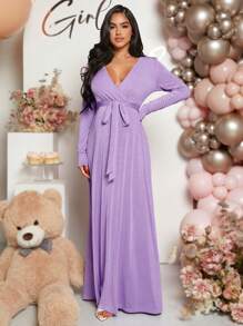 Loomaby Đầm bầu cổ chữ V dài tay màu trơn thanh lịch cho tiệc mừng em bé - Màu Lilac Tím - Xem 4