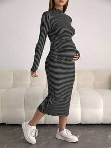 SHEIN Thai sản Sọc Cổ giả Áo thun & Chân Váy xẻ - màu đen - Xem 4