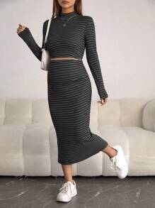 SHEIN Thai sản Sọc Cổ giả Áo thun & Chân Váy xẻ - màu đen - Xem 5