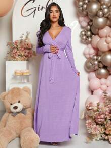 Loomaby Đầm bầu cổ chữ V dài tay màu trơn thanh lịch cho tiệc mừng em bé - Màu Lilac Tím - Xem 6