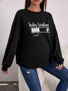 SHEIN Thai sản Đồ họa Chữ cái Thả vai Áo nỉ - màu đen - Xem 4