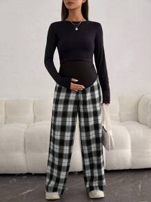 SHEIN 孕婦格紋印花可調節腰圍闊腿褲 - 彩色 - 查看 4