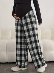 SHEIN 孕婦格紋印花可調節腰圍闊腿褲 - 彩色 - 查看 5