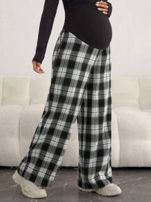 SHEIN 孕婦格紋印花可調節腰圍闊腿褲 - 彩色 - 查看 6