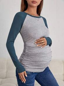 SHEIN Maternity Colourblock Raglan Sleeve Ruched Tee - Multicolor - View 3