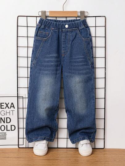 Young Boys Basic Loose And Comfortable Medium Blue Distressed Straight Leg Jeans Chic Outfits For Autumn/Winter