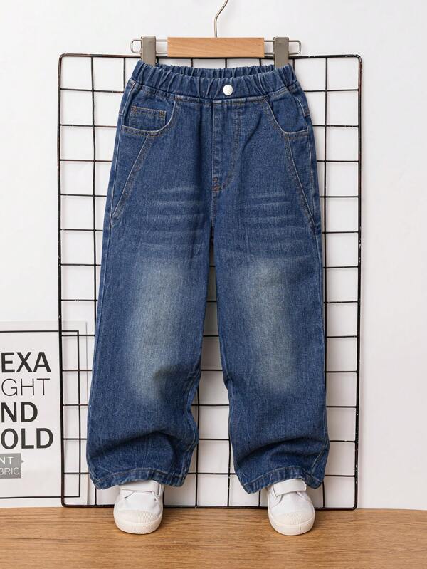 Young Boys Basic Loose And Comfortable Medium Blue Distressed Straight Leg Jeans Chic Outfits For Autumn/Winter