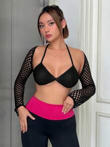 SHEIN ICON Hollow Out Tie Back Crop Sweater - Black - View 5