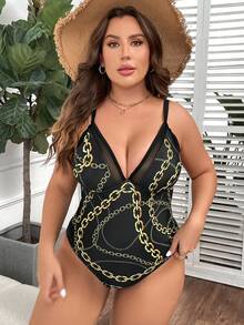Plus Chain Print Contrast Mesh One Piece Swimsuit, For Summer Beach Vacation - Black - View 5