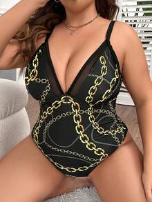 Plus Chain Print Contrast Mesh One Piece Swimsuit, For Summer Beach Vacation - Black - View 6