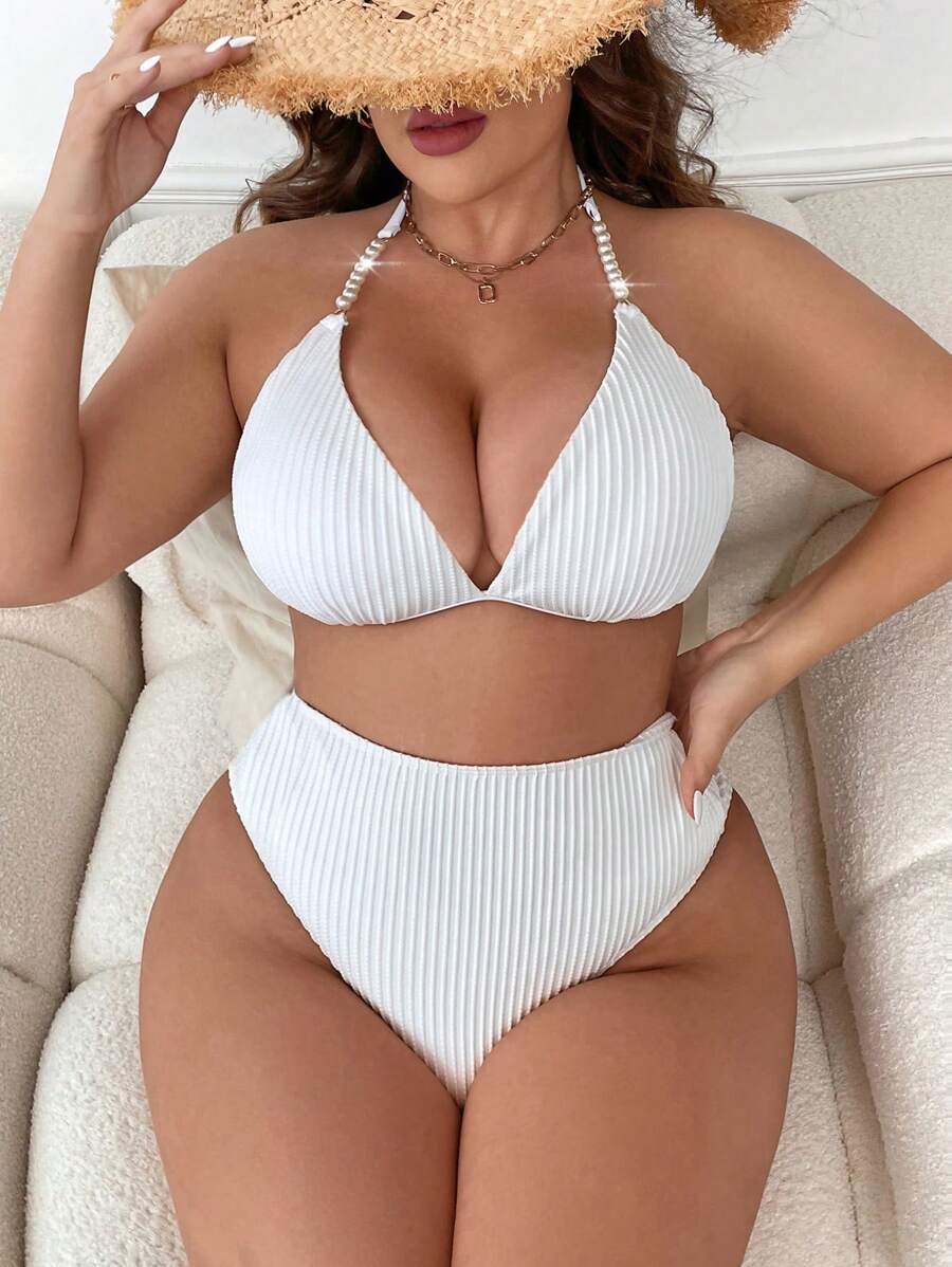 Swim Vcay 夏日海灘加大款露脖三角高腰比基尼套裝 - 白色 - 查看 1