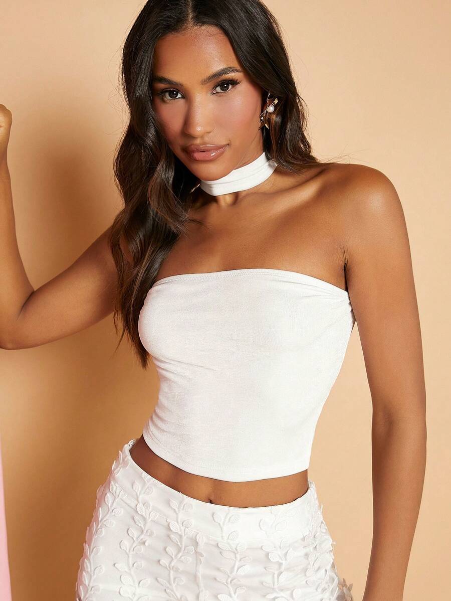 SHEIN BAE Solid Crop Halter Top - White - View 1
