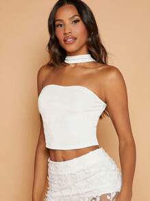 SHEIN BAE Solid Crop Halter Top - White - View 5