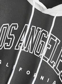 INAWLY Plus Letter Graphic Colourblock Kangaroo Pocket Drawstring Thermal Hoodie - Grey - View 4