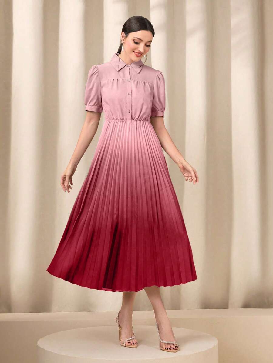 Mulvari Ombre Pleated Hem Shirt Dress - Dusty Pink - View 1