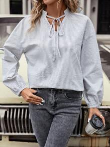 SHEIN LUNE Striped Print Tie Neck Lantern Sleeve Blouse