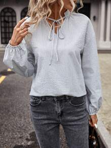 SHEIN LUNE Striped Print Tie Neck Lantern Sleeve Blouse