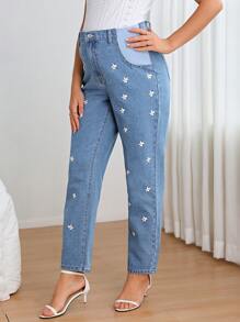 SHEIN Maternity Floral Embroidery Carrot Jeans - Medium Wash - View 4