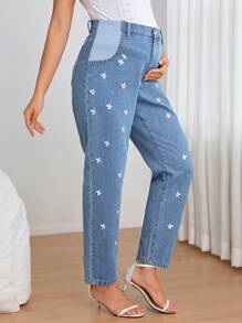 SHEIN Maternity Floral Embroidery Carrot Jeans - Medium Wash - View 5