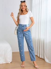 SHEIN Maternity Floral Embroidery Carrot Jeans - Medium Wash - View 6