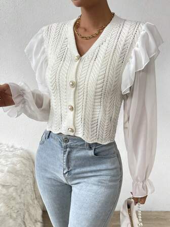 Rafferiza Ruffle Trim Flounce Sleeve Pointelle Knit Cardigan,Long Sleeve Tops