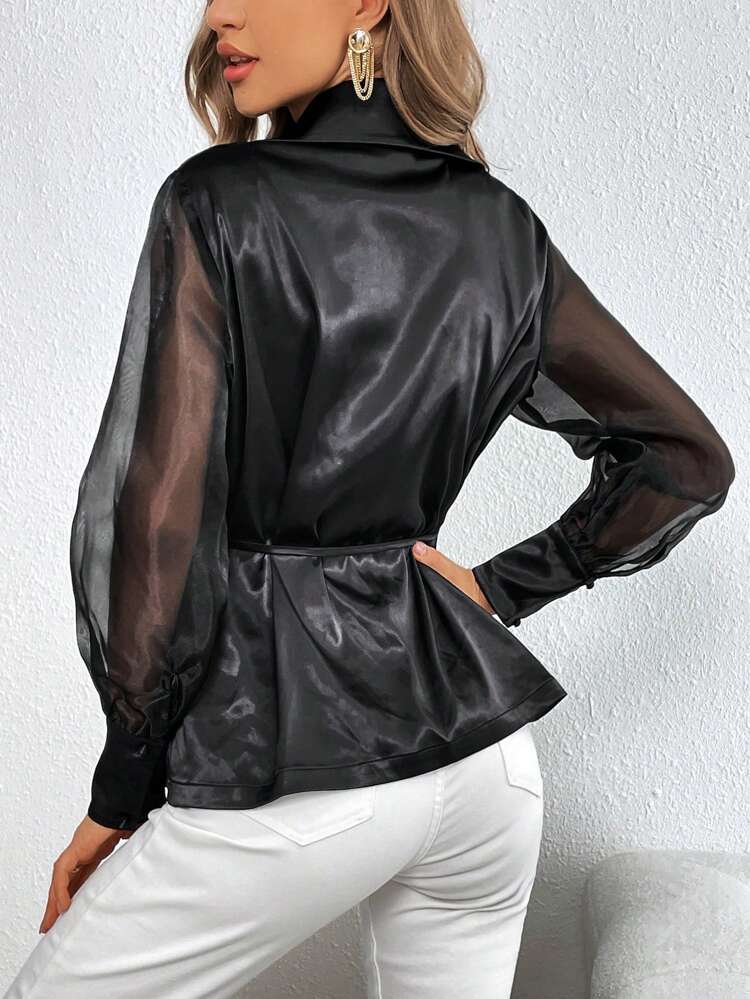 Contrast Mesh Lantern Sleeve Belted Satin Blouse