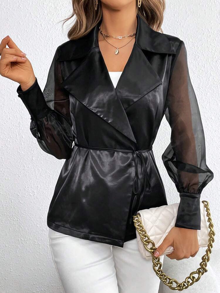 Contrast Mesh Lantern Sleeve Belted Satin Blouse