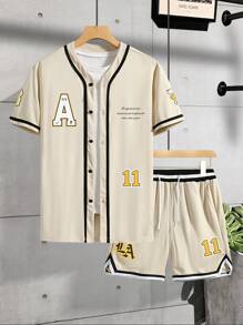 Manfinity Homme 男士標語圖案拼接邊襯衫&腰部抽繩短褲不帶T恤 - 卡其色 - 查看 1