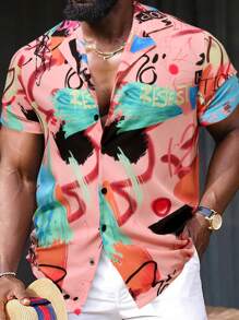 Manfinity 男士塗鴉圖案前紐扣襯衫 - 粉色 - 查看 1