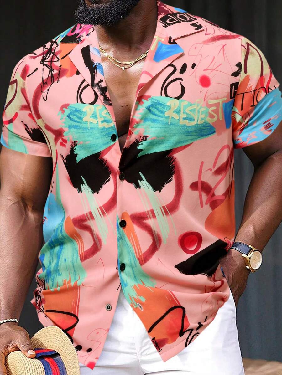 Manfinity 男士塗鴉圖案前紐扣襯衫 - 粉色 - 查看 1