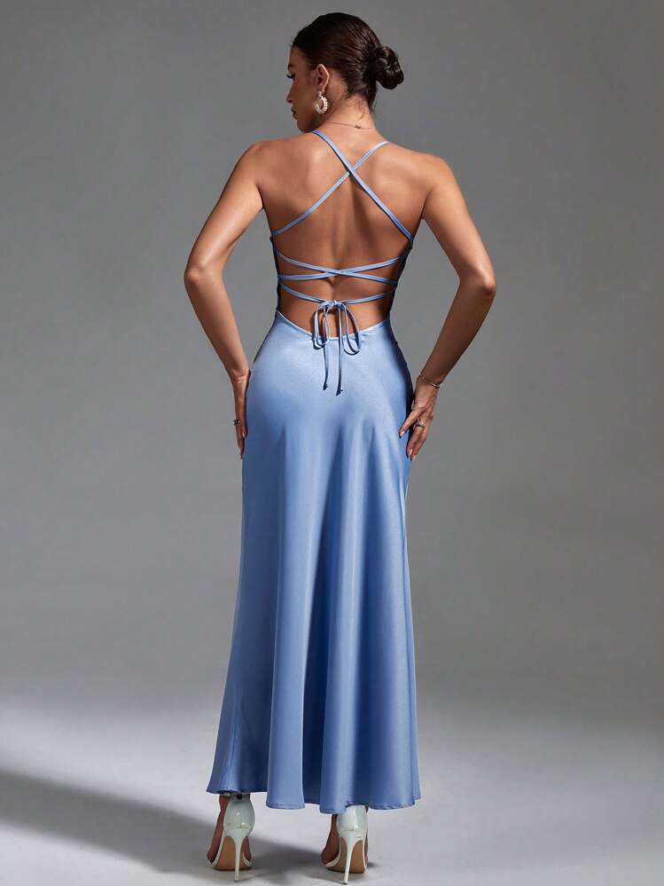 SHEIN Privé Vestido de tirantes de espalda abierta con tira cruzada - Azul - Ver 6
