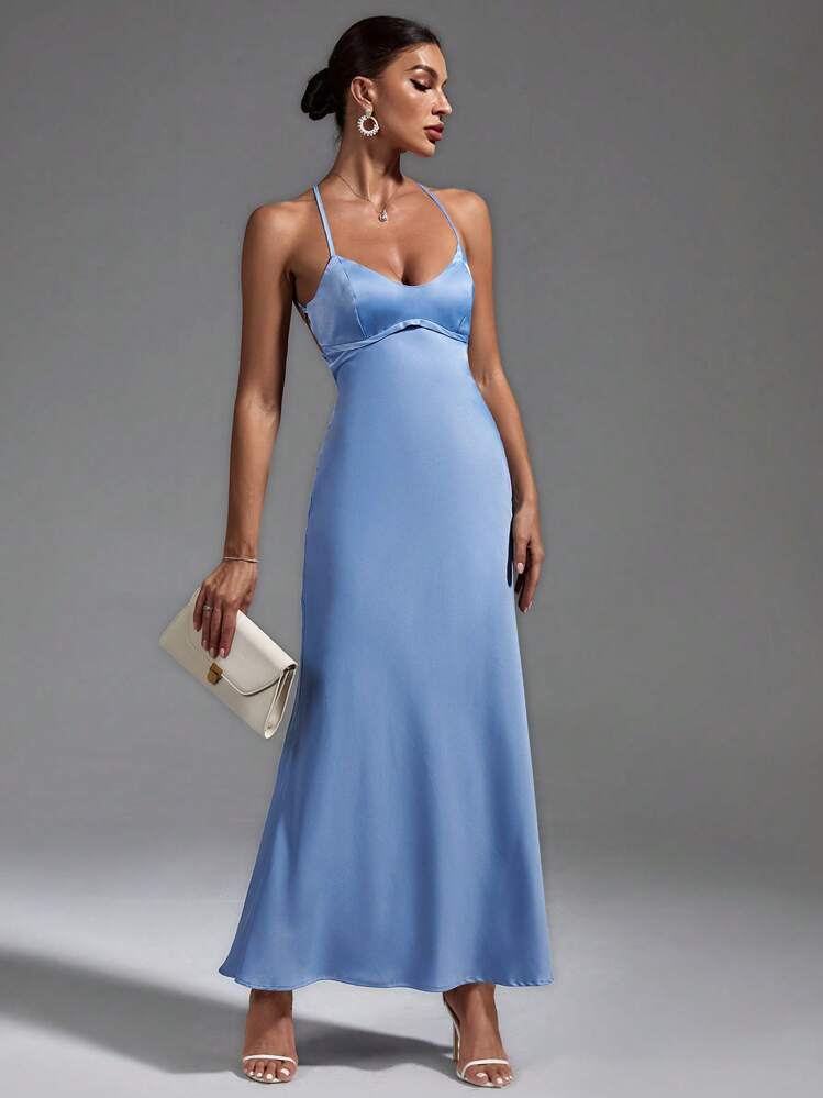 SHEIN Privé Vestido de tirantes de espalda abierta con tira cruzada - Azul - Ver 7