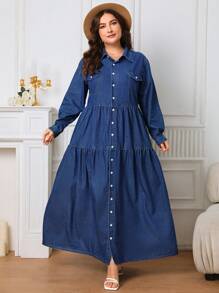 SHEIN Frenchy Talla grande Vestido mezclilla con diseño de solapa bajo con fruncido - Azul lavado oscuro - Ver 1