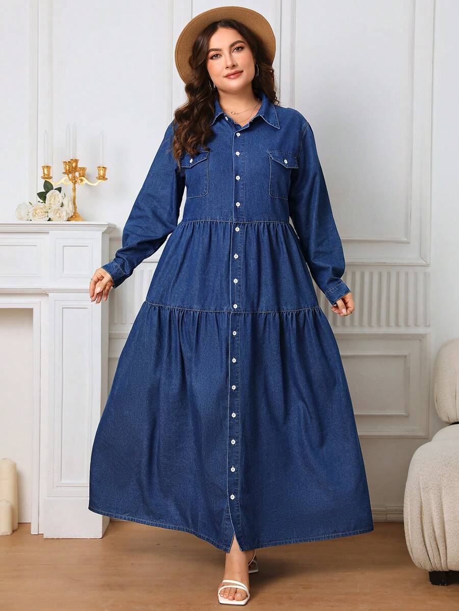 SHEIN Frenchy Talla grande Vestido mezclilla con diseño de solapa bajo con fruncido - Azul lavado oscuro - Ver 1