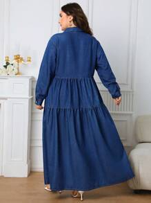 SHEIN Frenchy Talla grande Vestido mezclilla con diseño de solapa bajo con fruncido - Azul lavado oscuro - Ver 2