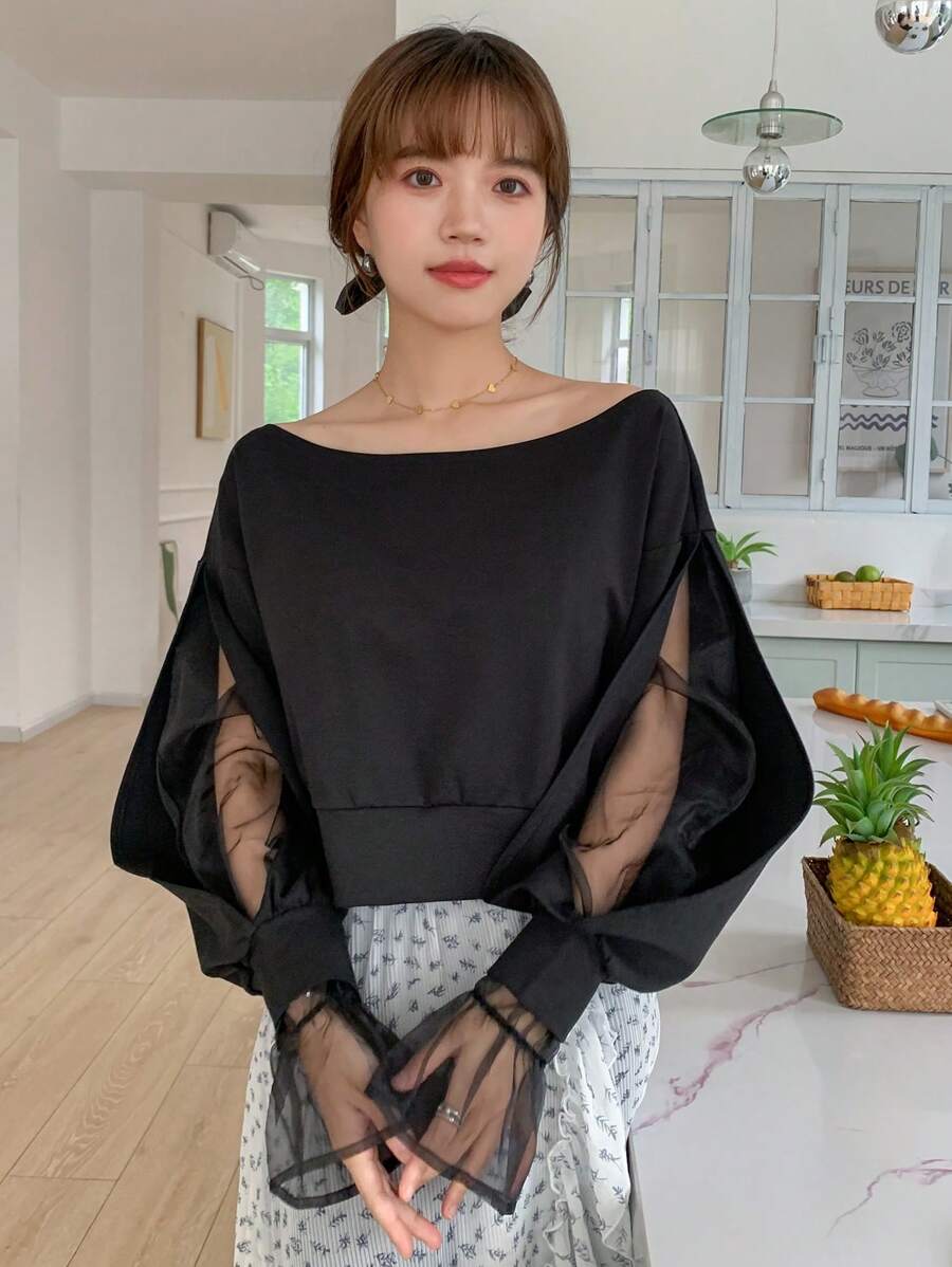 DAZY Lưới tương phản tay áo lá sen Cổ thuyền Áo chui đầu - màu đen - Xem 1
