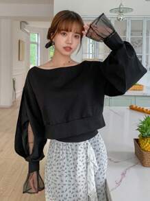 DAZY Lưới tương phản tay áo lá sen Cổ thuyền Áo chui đầu - màu đen - Xem 2