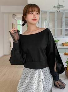 DAZY Lưới tương phản tay áo lá sen Cổ thuyền Áo chui đầu - màu đen - Xem 3