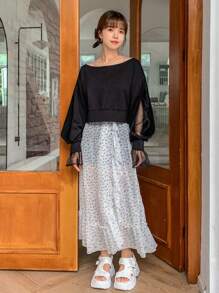 DAZY Lưới tương phản tay áo lá sen Cổ thuyền Áo chui đầu - màu đen - Xem 4