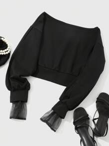 DAZY Lưới tương phản tay áo lá sen Cổ thuyền Áo chui đầu - màu đen - Xem 7