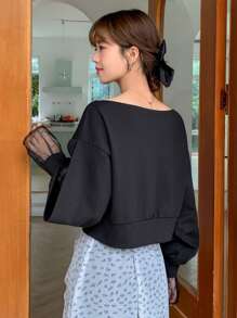 DAZY Lưới tương phản tay áo lá sen Cổ thuyền Áo chui đầu - màu đen - Xem 8
